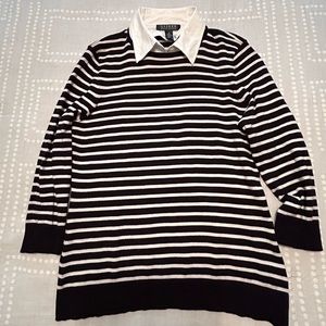 LAUREN Ralph Lauren Classic Black/White Striped Sweater with Collar - EUC